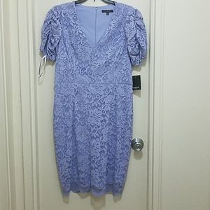 Marina lavender sheath dress with ruched sleeves